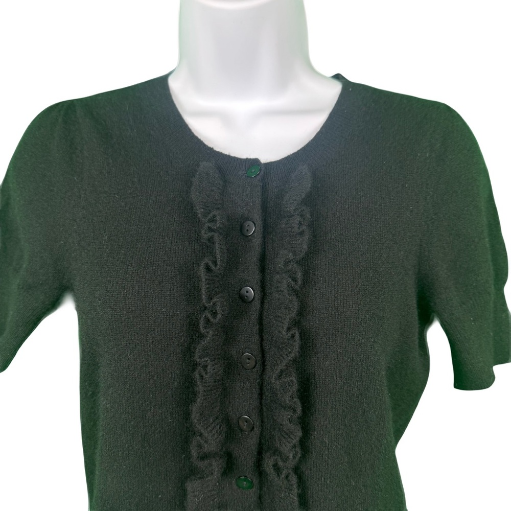 Aqua 100% Cashmere ruffle front button up short sleeve sweater black Sz Small - Picture 2 of 7